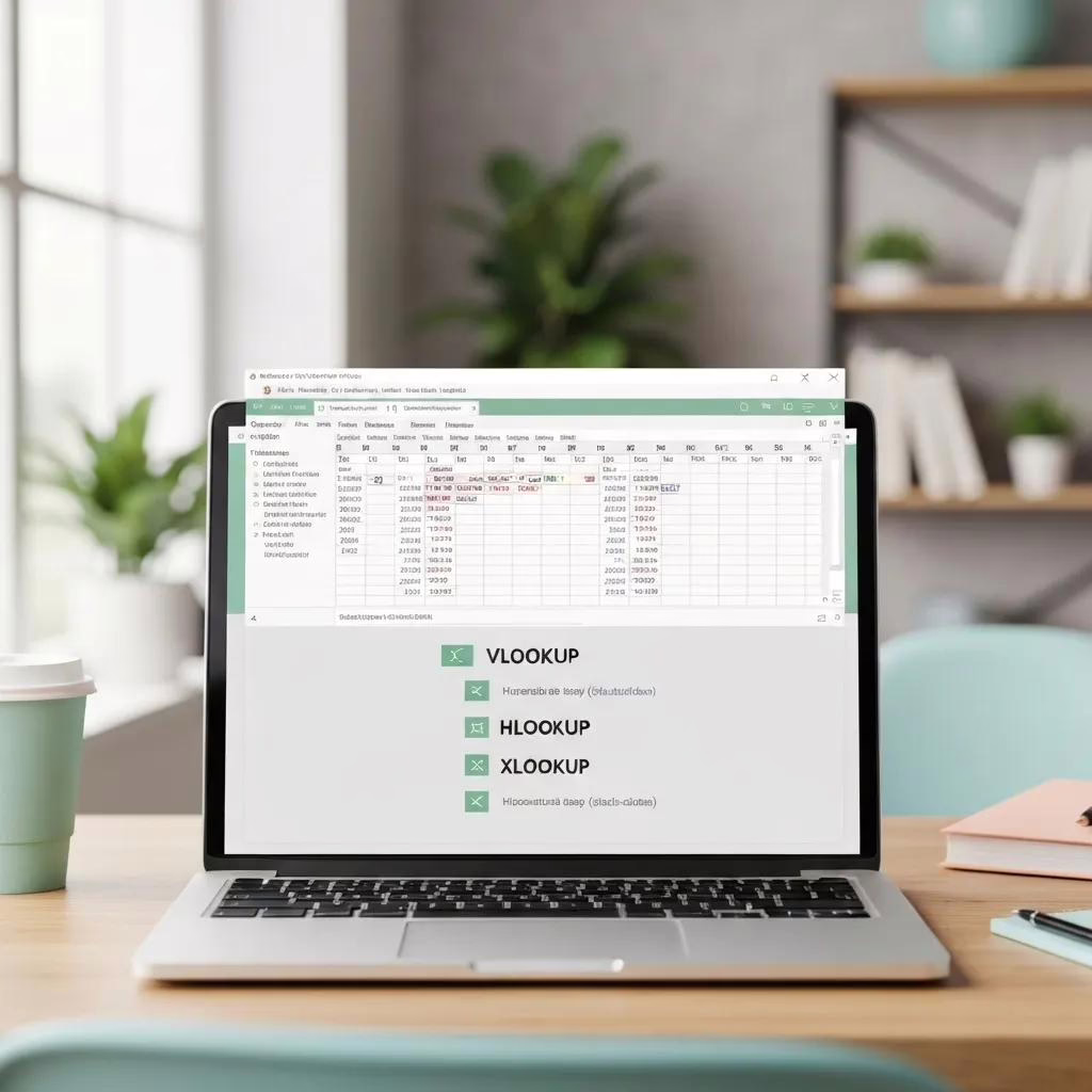Modern workspace with Excel spreadsheet displaying VLOOKUP, HLOOKUP, and XLOOKUP functions