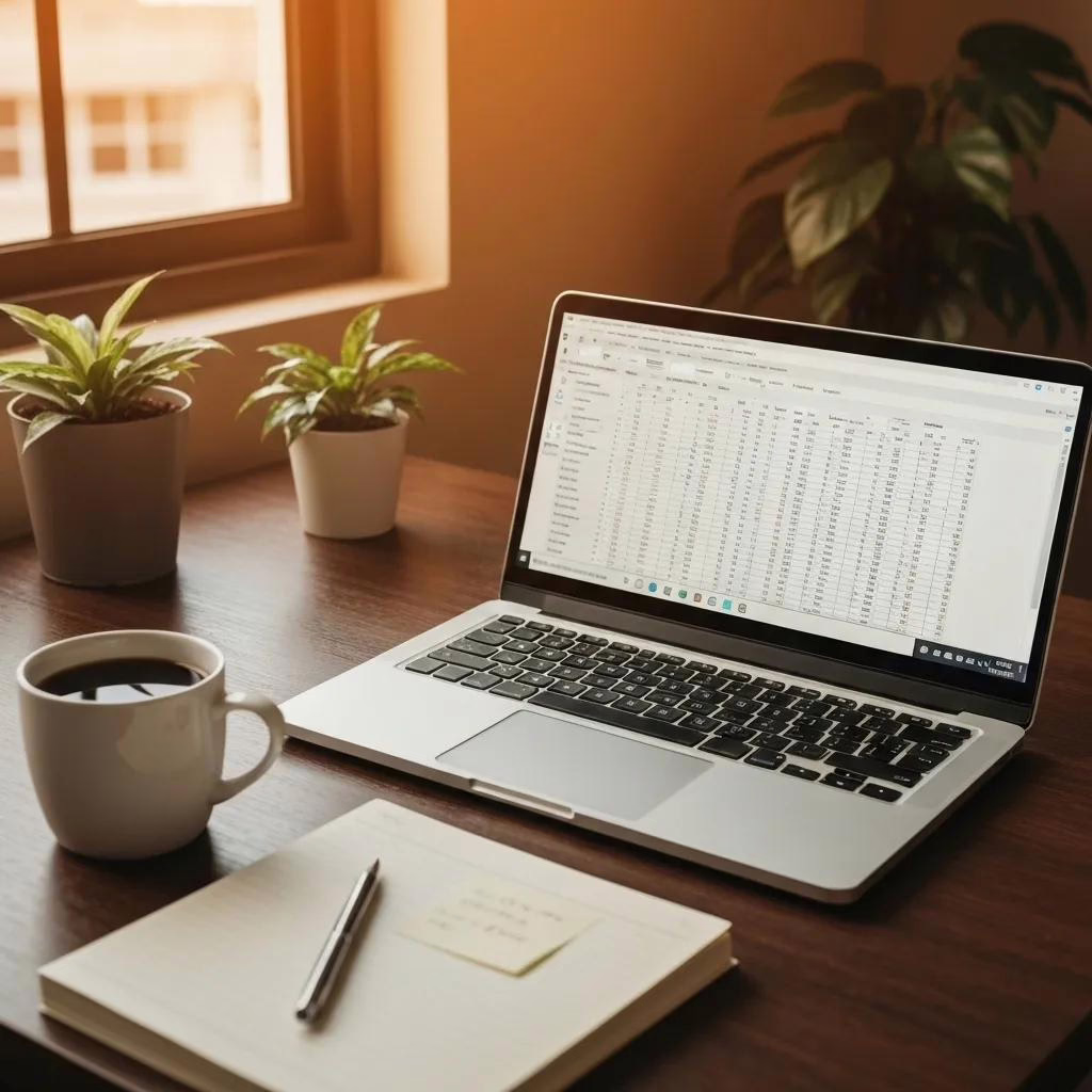 Cozy workspace with laptop displaying Excel, coffee, and notepad, emphasizing productivity
