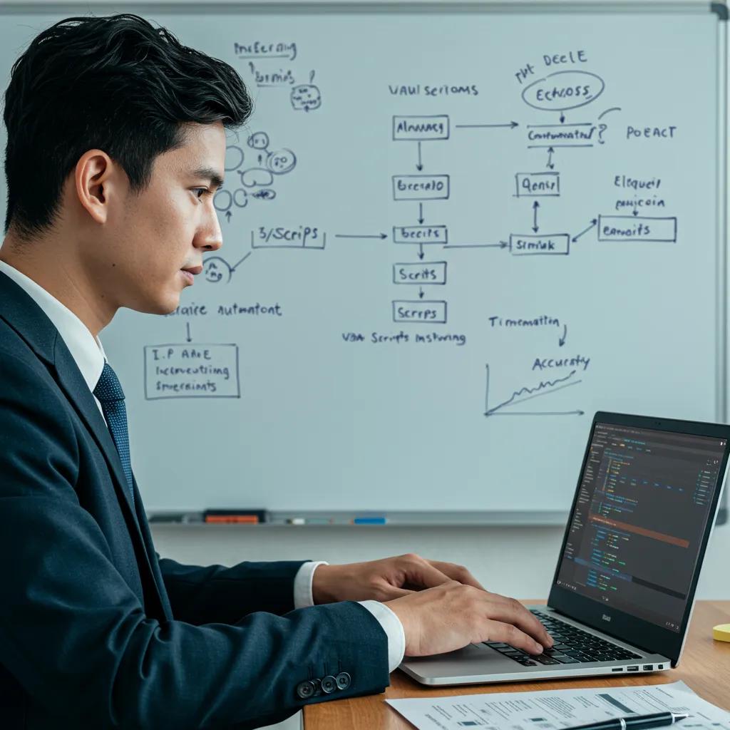 Business analyst developing VBA scripts for Excel automation in a collaborative workspace