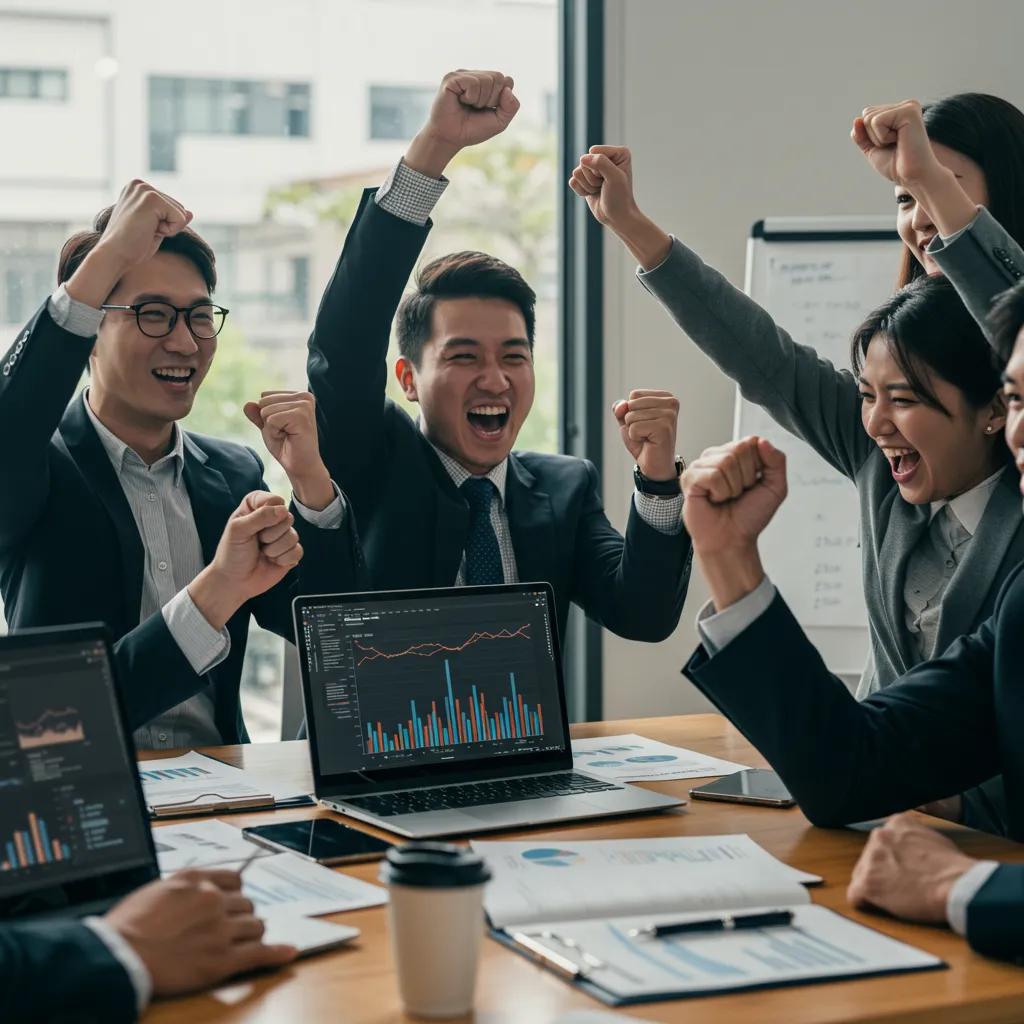 Business team celebrating after completing an Excel training workshop