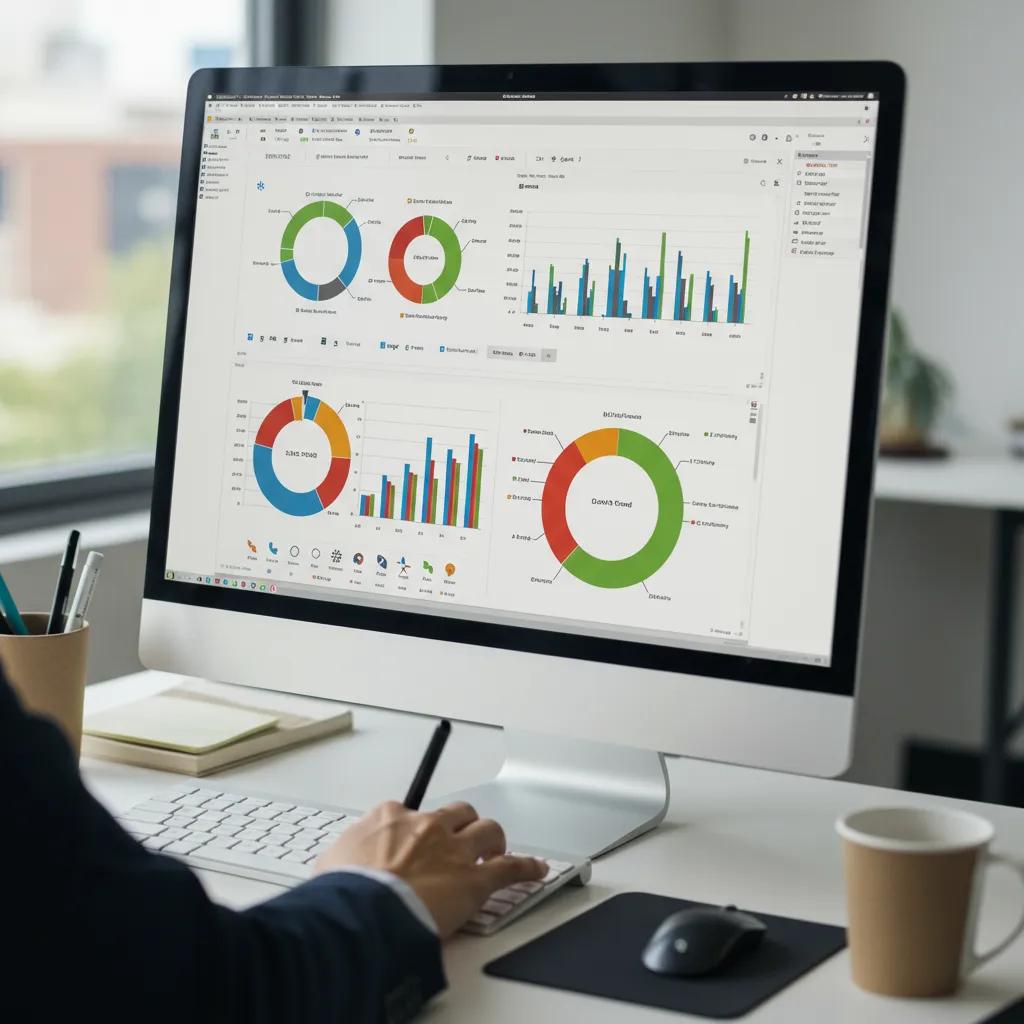 Custom Excel dashboard with colorful charts and graphs displayed on a computer screen