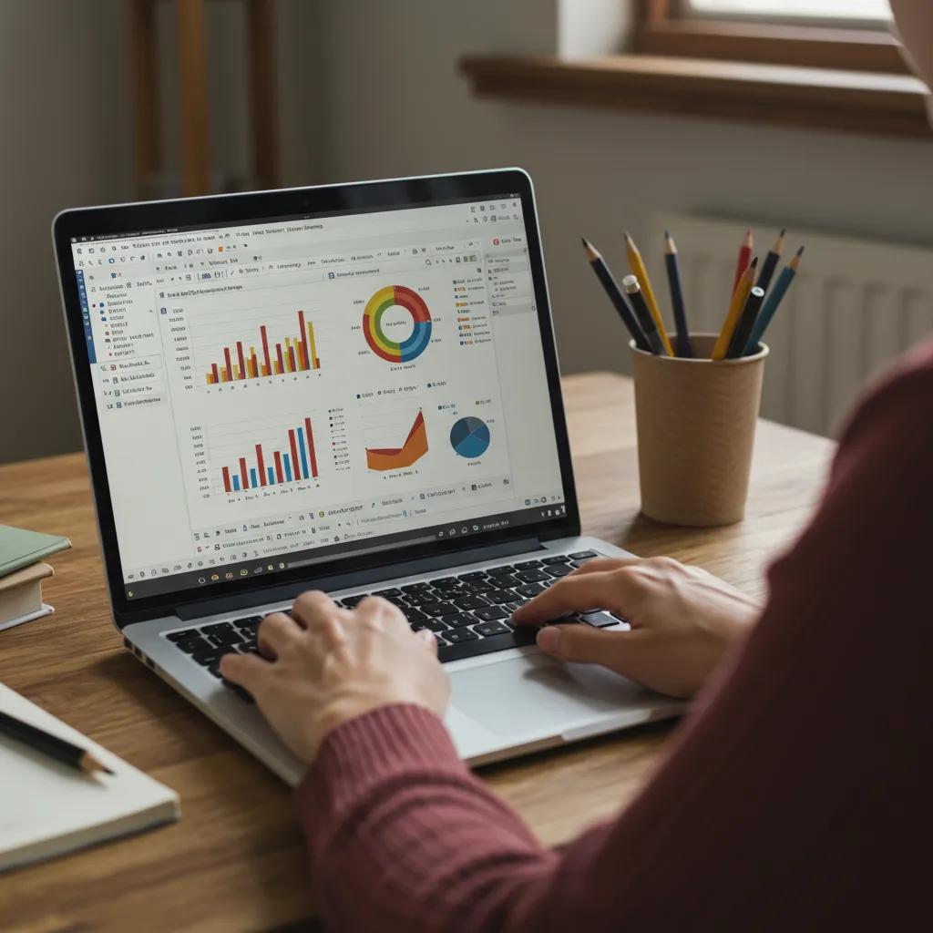 Individual studying Excel basics on a laptop in a cozy home office, emphasizing foundational skills