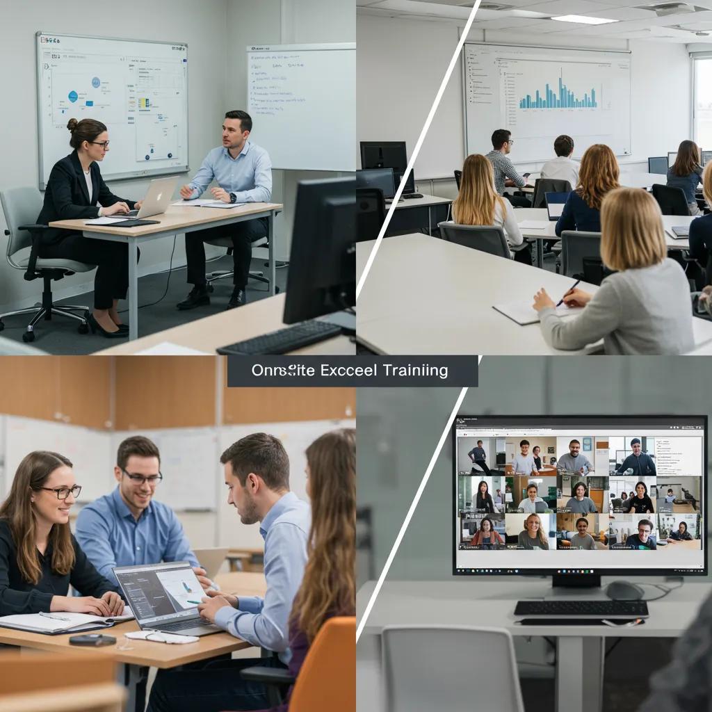 On-site and virtual Excel training methods showcasing diverse learning environments