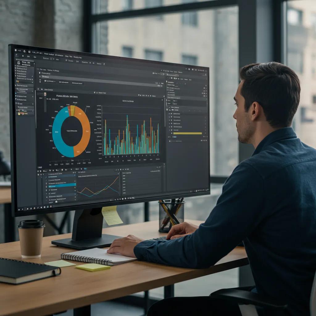 Professional analyzing advanced Excel features on a large screen in a modern office setting
