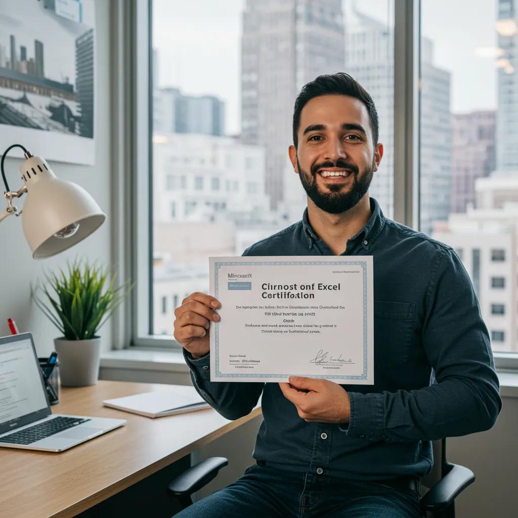 Professional holding Microsoft Excel certification in an office setting