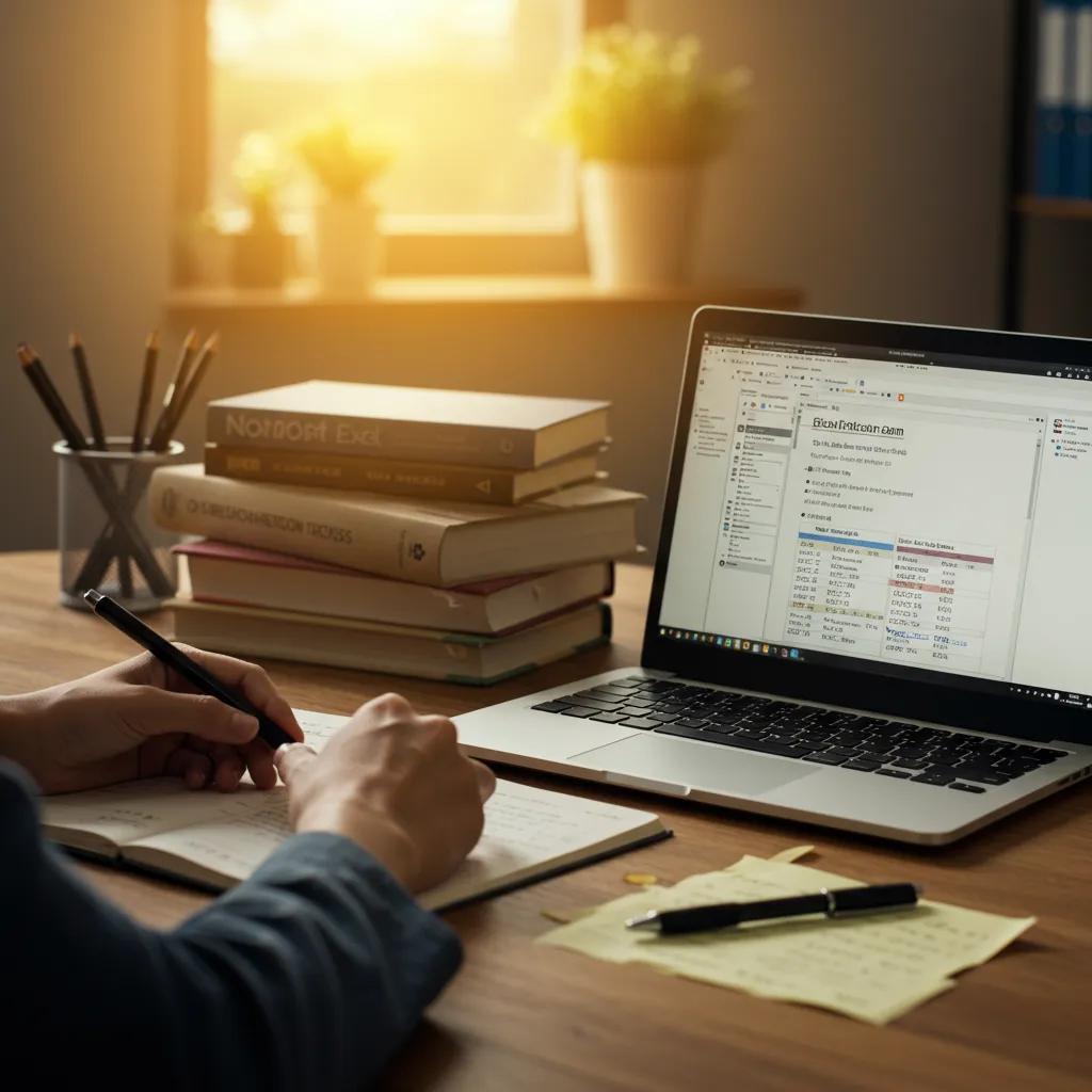 Professional studying for Microsoft Excel certification with study materials on desk