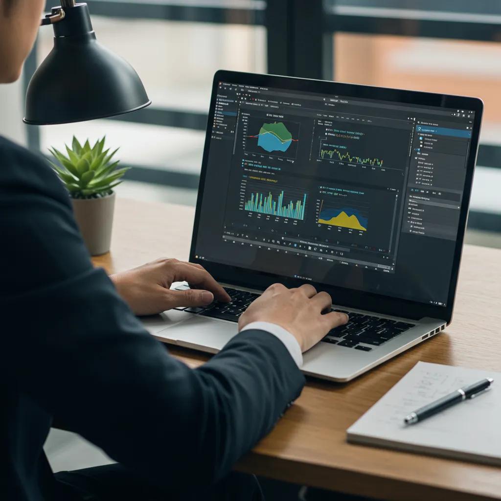 Professional working on advanced Excel tasks with VBA and PivotTables in a modern office