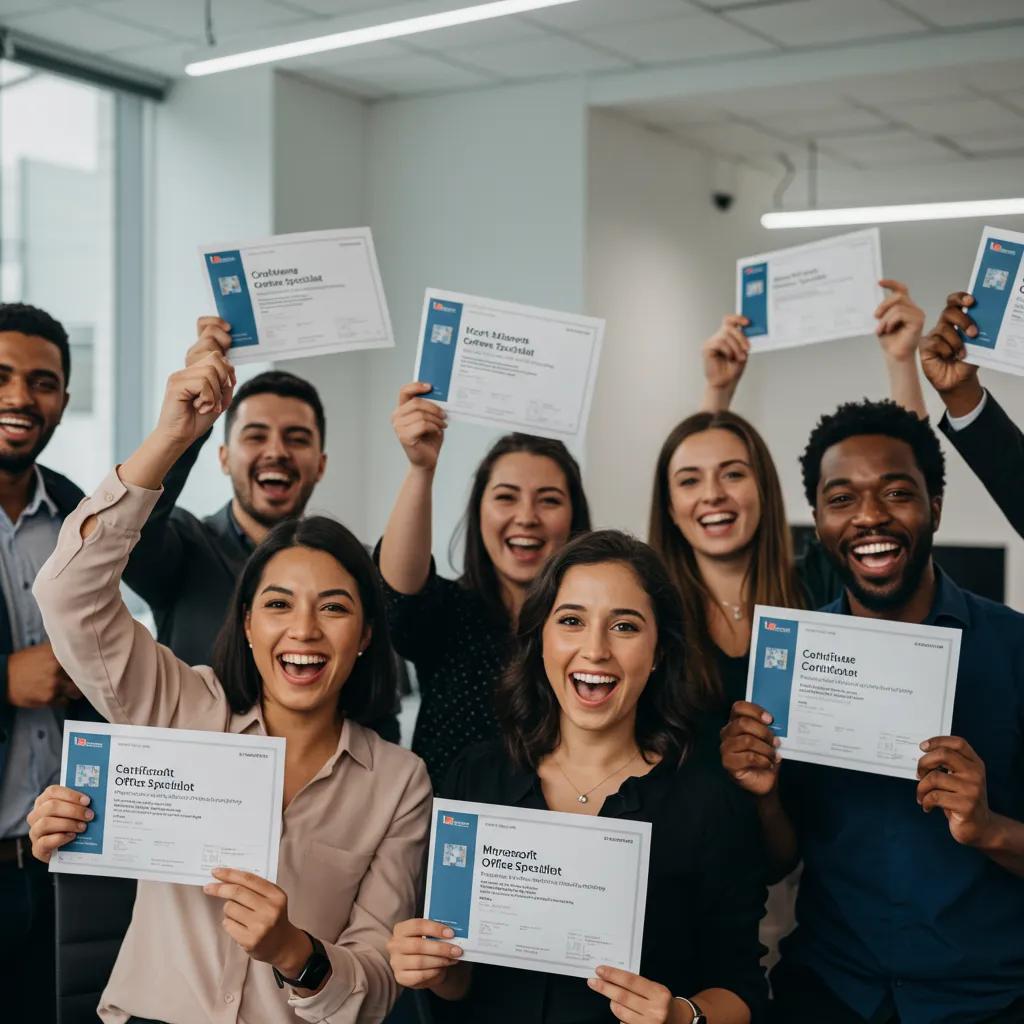 Professionals celebrating their Microsoft Office Specialist certifications