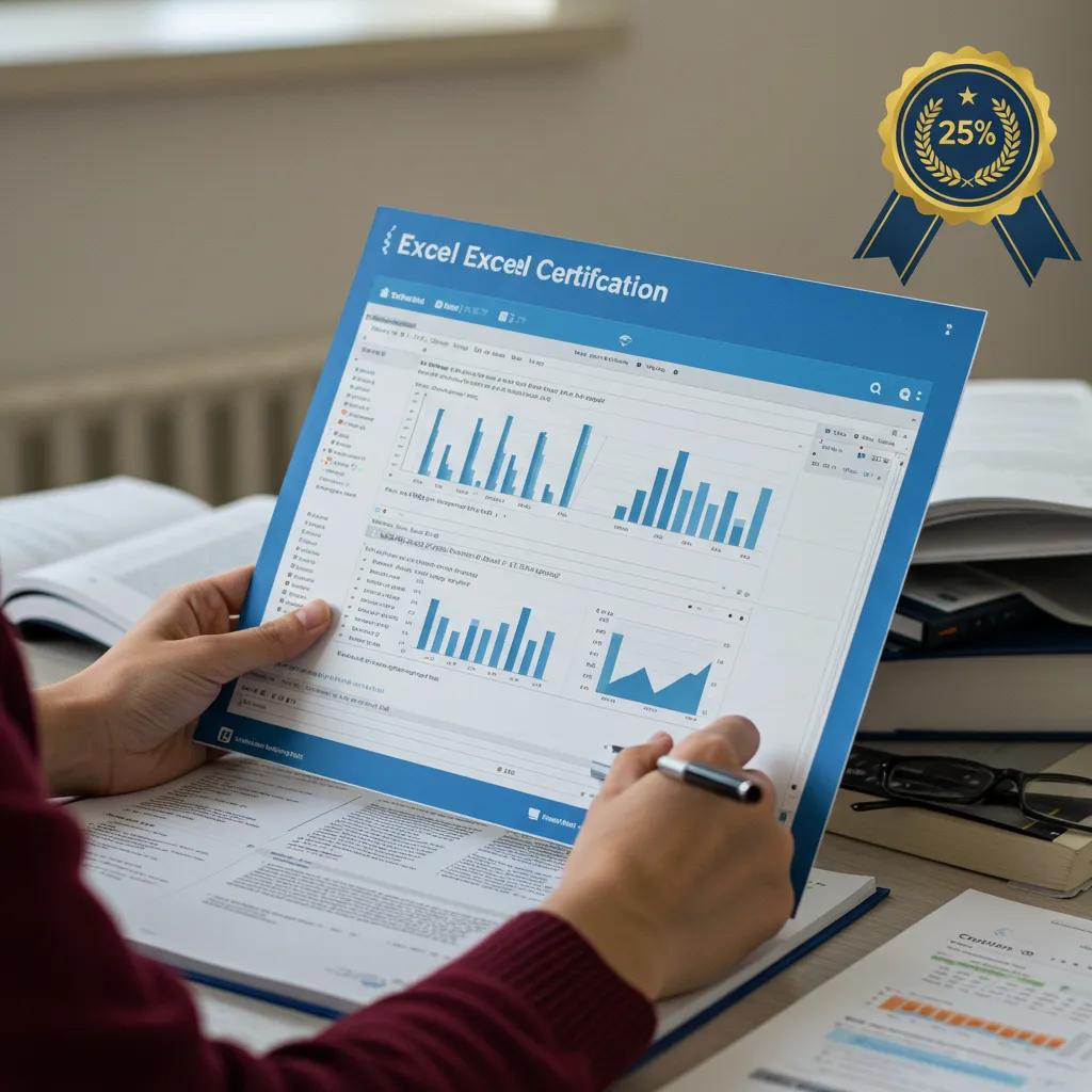 Student studying for Excel certification with study materials and focused expression
