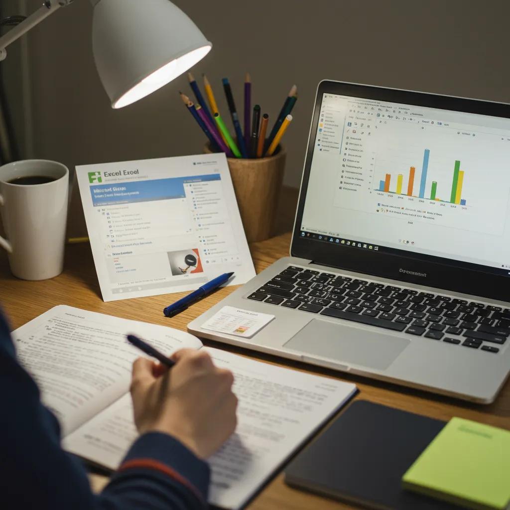 Student studying for Microsoft Excel certification with study materials and laptop
