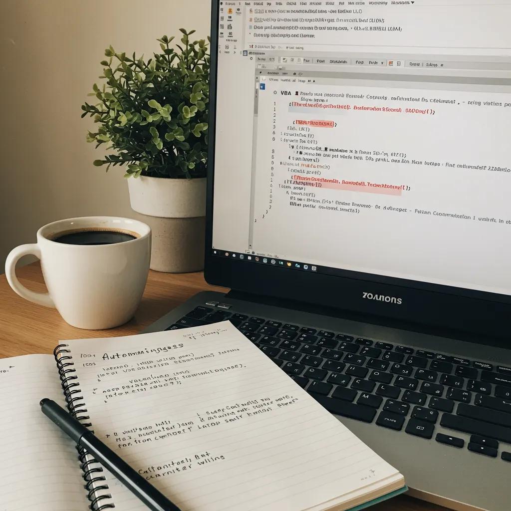 VBA code editor on a computer screen with notes on automation techniques in a cozy office
